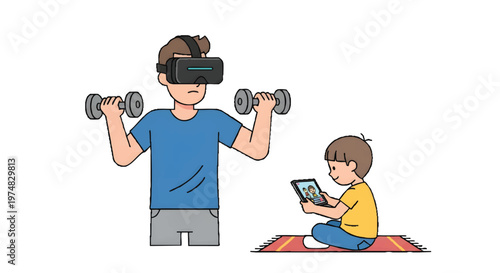 Father and son engaging in home workout and reading