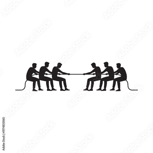 Silhouette depiction of two teams engaged in a traditional tug of war contest