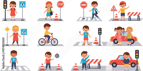 Cute Children Learning Road Safety Rules Vector Set Featuring Little Boys And Girls With Traffic Lights Crosswalk Signs And Cars For Education Graphic Designs