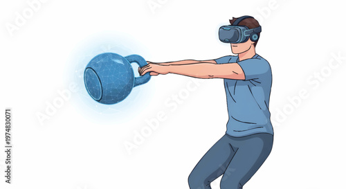 Man wearing VR headset lifting blue kettlebell exercise