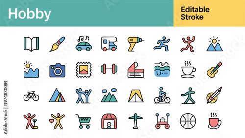 Hobby Icons: A vibrant collection of engaging icons, each representing various enjoyable pastimes, beautifully designed for visual appeal and versatile use. 