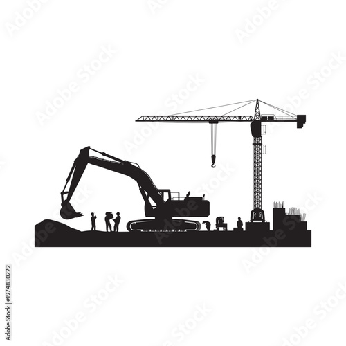 Black silhouette depicting construction equipment and workers on a building site