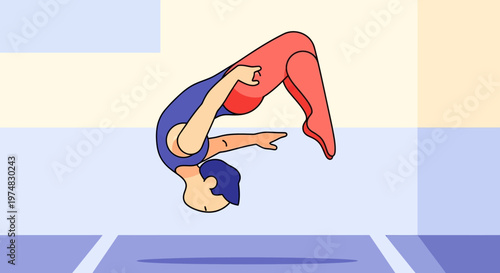 Female gymnast performing backflip on floor.