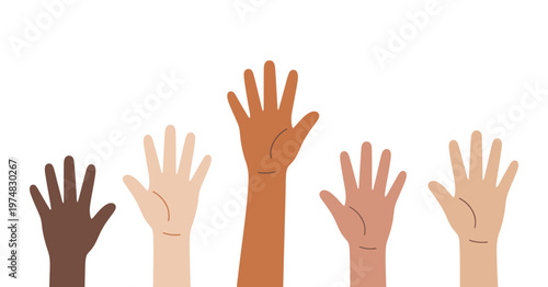 Diverse group of raised hands unity and support white background representing community equality inclusion teamwork flat vector illustration.