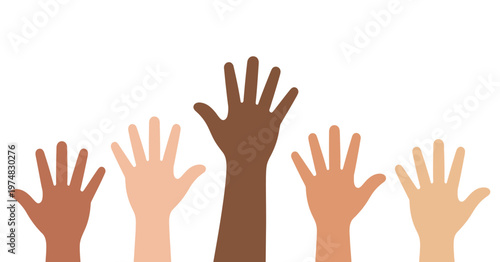 Diverse group of raised hands unity and support white background representing community equality inclusion teamwork flat vector illustration.