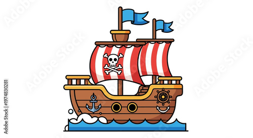 Classic Pirate Ship With Red Striped Sails And Skull Emblem.