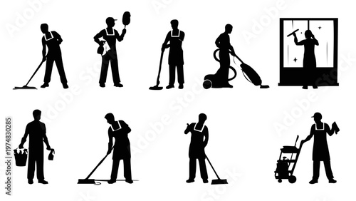 Silhouettes of people cleaning indoors.