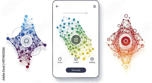 colorful mobile phone with abstract network graphics on screen