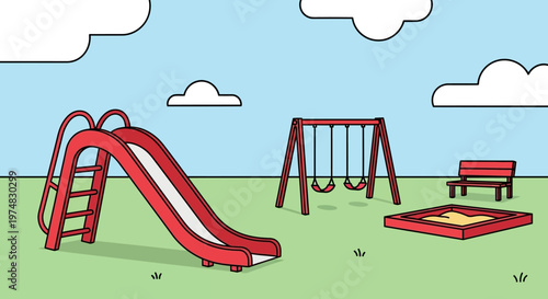 Colorful Playground Equipment with Slide Swings and Sandbox.