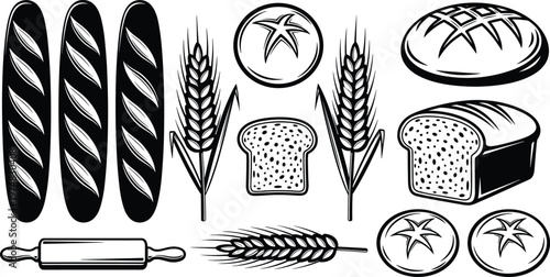 Bakery and Bread Vector Set with Baguettes, Loaves, Sliced Bread, Wheat Stalks, Rolling Pin, and Artisan Breads Illustrations for Editable Culinary, Food, and Cooking Designs
