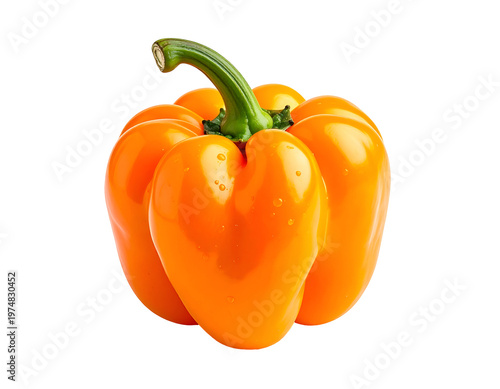 Bright orange bell pepper with water droplets, white background