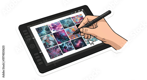 Hand holding stylus interacting with digital tablet screen