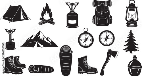 Camping and hiking icons and travel equipment illustrations set