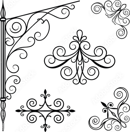 Set of Vintage Wrought Iron Swirl Ornaments: Decorative Filigree Victorian Corners and Dividers Vector Illustration
