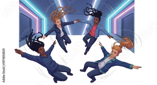 Diverse businesswomen floating in zero gravity together