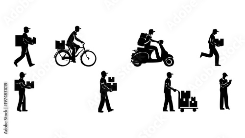 Delivery workers with various transport methods.