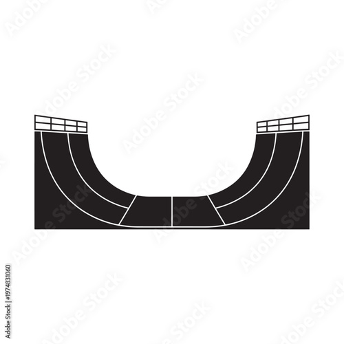 Minimalist illustration of a black halfpipe skatepark against a white background