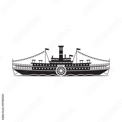 A black and white illustration of a vintage paddle steamer boat on water