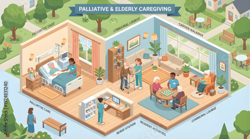Palliative and elderly care facility isometric vector illustration with medical staff and seniors