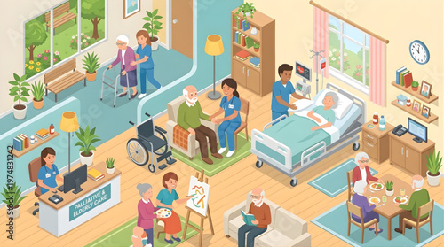 Nursing home interior with professional caregivers, elderly patients, and hospice medical equipment.