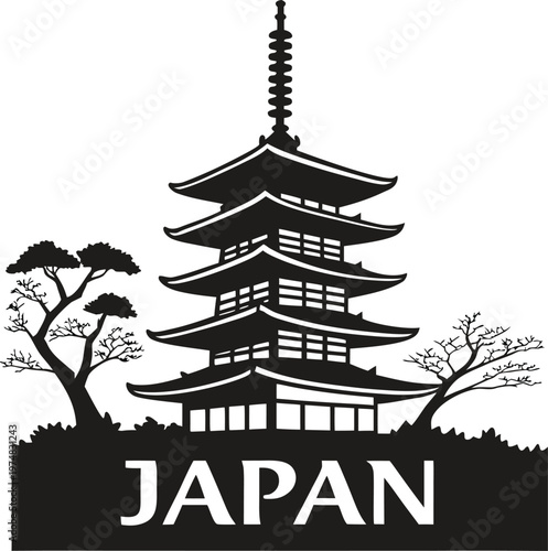 Japan Travel Landmark Emblem: Traditional Pagoda and Trees Silhouette Vector Illustration