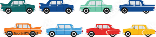 Classic Vintage Car Vector Set Featuring Retro Colorful Sedans From The Fifties And Sixties For Automotive History And Nostalgic Graphic Designs