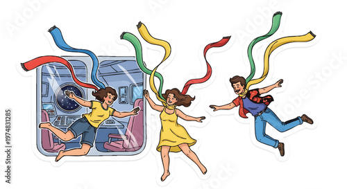 People jumping out of airplane door with colorful ribbons