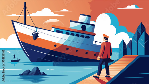 Flat vector illustration of a man walking on a pier toward a large luxury cruise ship at sunset. Concept of summer vacation, travel planning, maritime tourism, and new adventures.