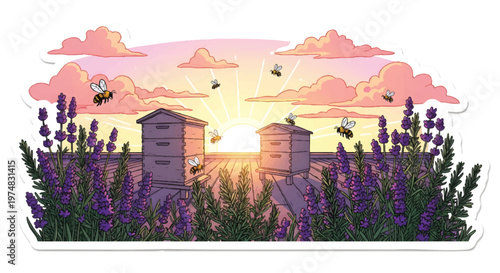 Bees flying around beehives at sunset in a lavender field