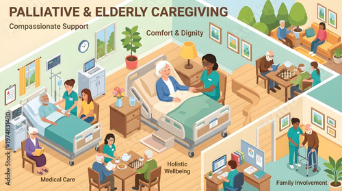 Holistic elderly caregiving services featuring palliative medical care and family involvement