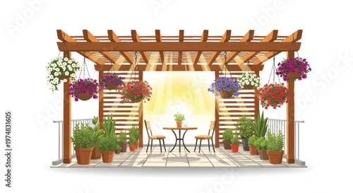 Cozy outdoor patio with wooden pergola and flowers