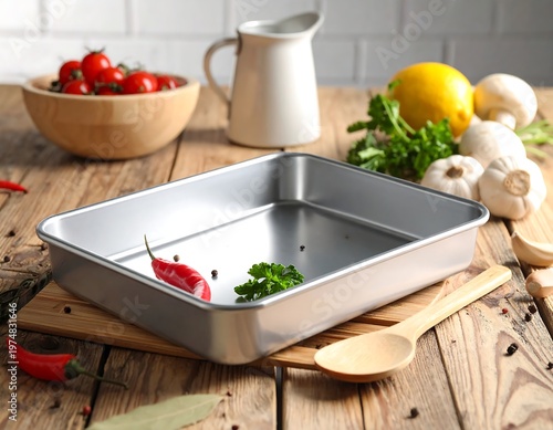 A square baking pan sits on a wood cutting board, surrounded by fresh ingredients. Tomatoes, herbs, mushrooms, and a lemon are present