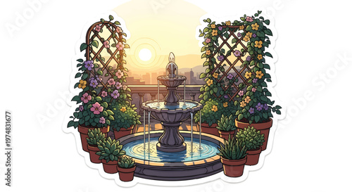 serene garden fountain at sunset with flowers and plants