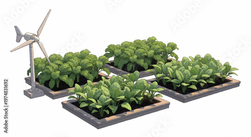 Wind turbine irrigating hydroponic plants in a sustainable farm