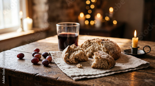 Rustic Bread and Wine on Wooden Table with Candlelight for Cozy Meal Concepts