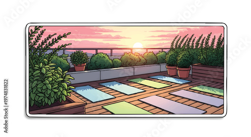 serene rooftop garden at sunset with potted plants and pool