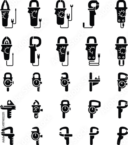 Set of electrical clamp meter and measuring tool icons with multimeter electrical measurement