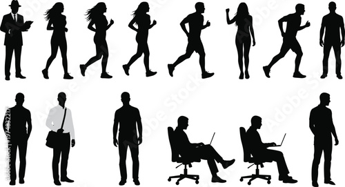 Collection of human silhouettes showing walking, running, standing and working poses isolated on white background for business, fitness and lifestyle concepts