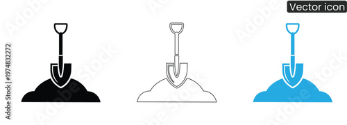 Shovel on white background vector icon set in black, White and blue