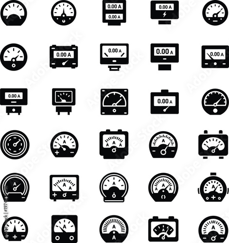Collection of electrical measurement gauge and meter icons with electricity electrical voltmeter
