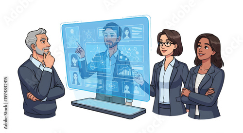 Business team discussing virtual presentation on laptop screen