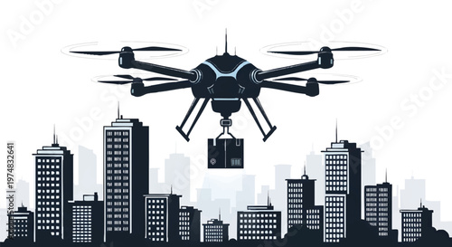 Drone delivery over cityscape with skyscrapers and urban landscape