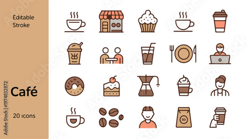 Café Icons Collection: A colorful, well-composed collection of simple, charming café-themed icons, featuring a variety of objects and elements used in cafe setting. 