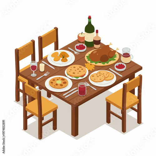 Isometric Thanksgiving Dinner Table Full of Food and Drinks Illustration