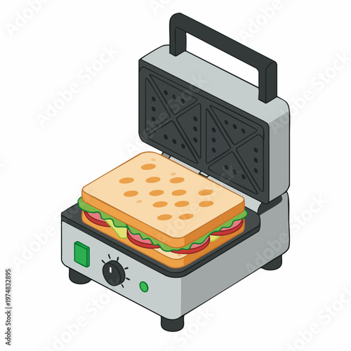Isometric Detailed Toaster Sandwich Maker Illustration with Bread and Vegetables