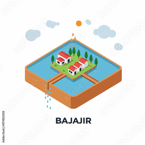 Isometric Detailed Flood Protection Infrastructure System Housing Landscape Illustration