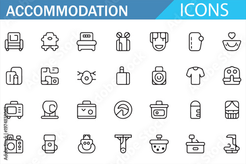 Hotel and interior icons pack outline vector with furniture and appliance symbols
