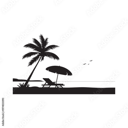 A minimalist silhouette depicts a tropical beach with a palm tree and lounge chair