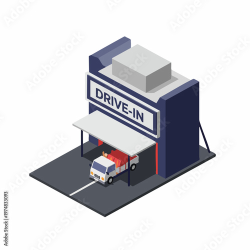 Isometric Simple Drive In Cinema Building Illustration with Car Waiting