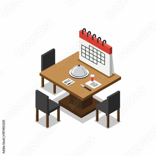 Isometric Table with Calendar and Dishes Illustration for Restaurant Reservation